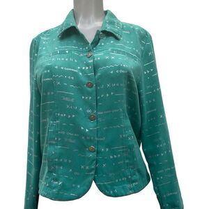 Erin London Shirt Women's Medium Green Button Front Geometric Print Long Sleeve
